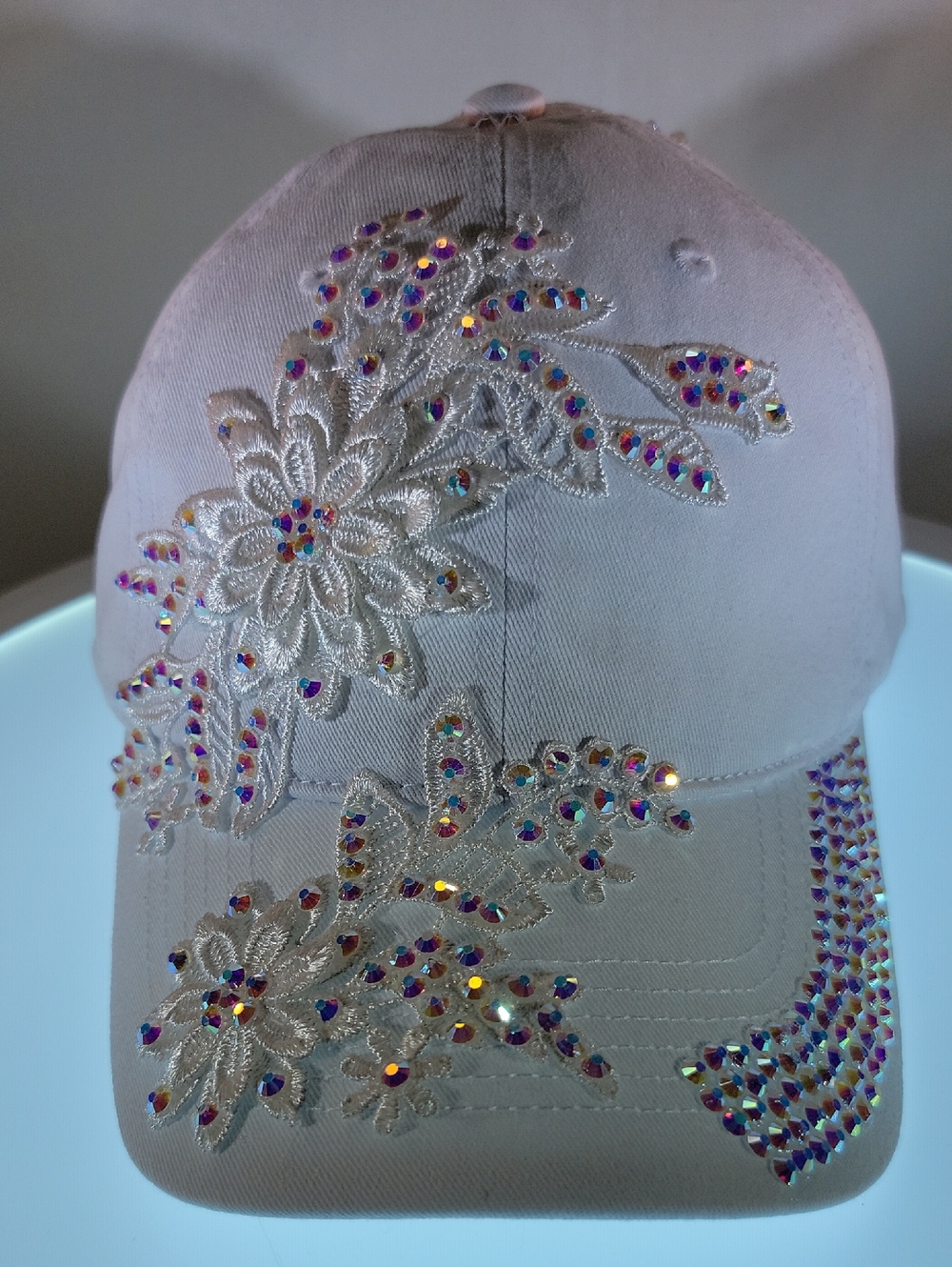 White Crystal Floral Embroidered Baseball Cap - Women